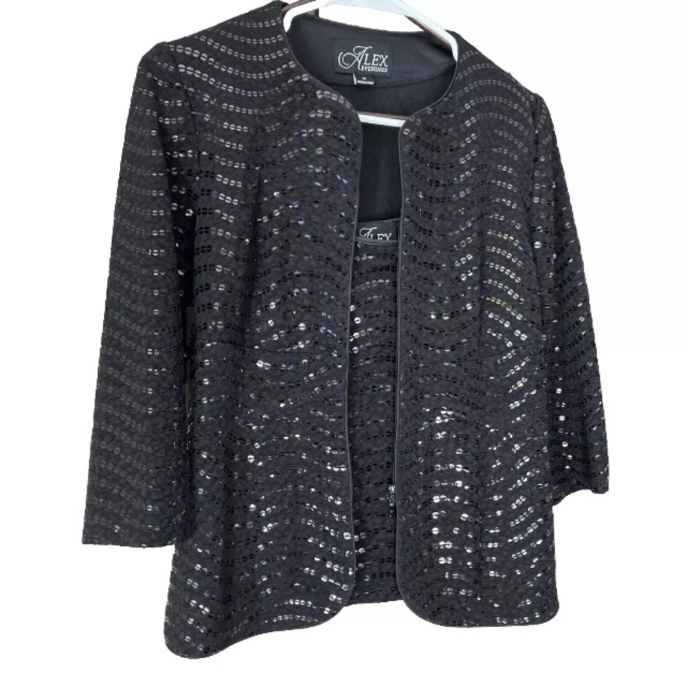 Alex Evenings Womens 2 Piece Zip Jacket Tank Set Black Sequin 3/4 Sleeve Medium
